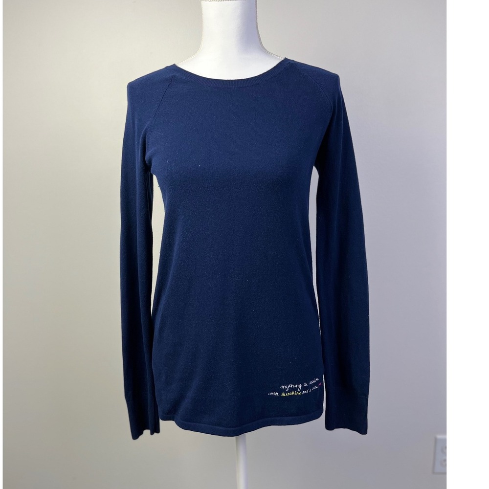 Lilly Pulitzer Preppy Navy‎ Blue Sweater Embroidered Quote Gold Button Detail S
